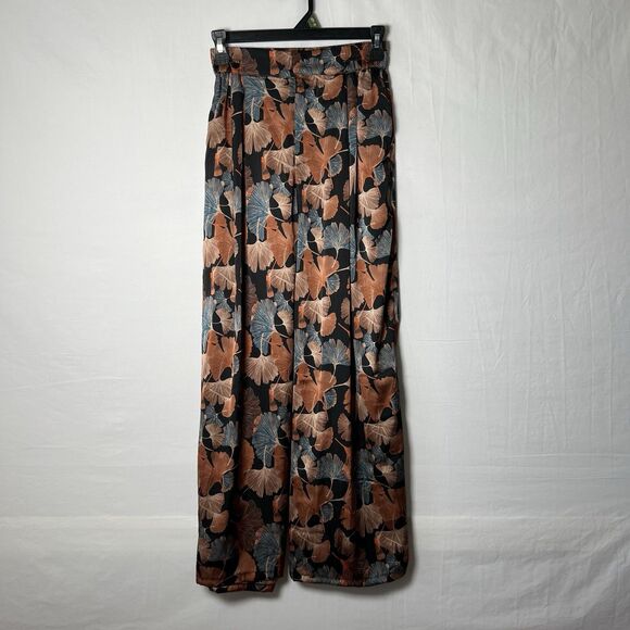Kori Rust & Blue Leaf Wide Leg Silky Trouser Career Pull On Elastic Pants Size S - Picture 2 of 7